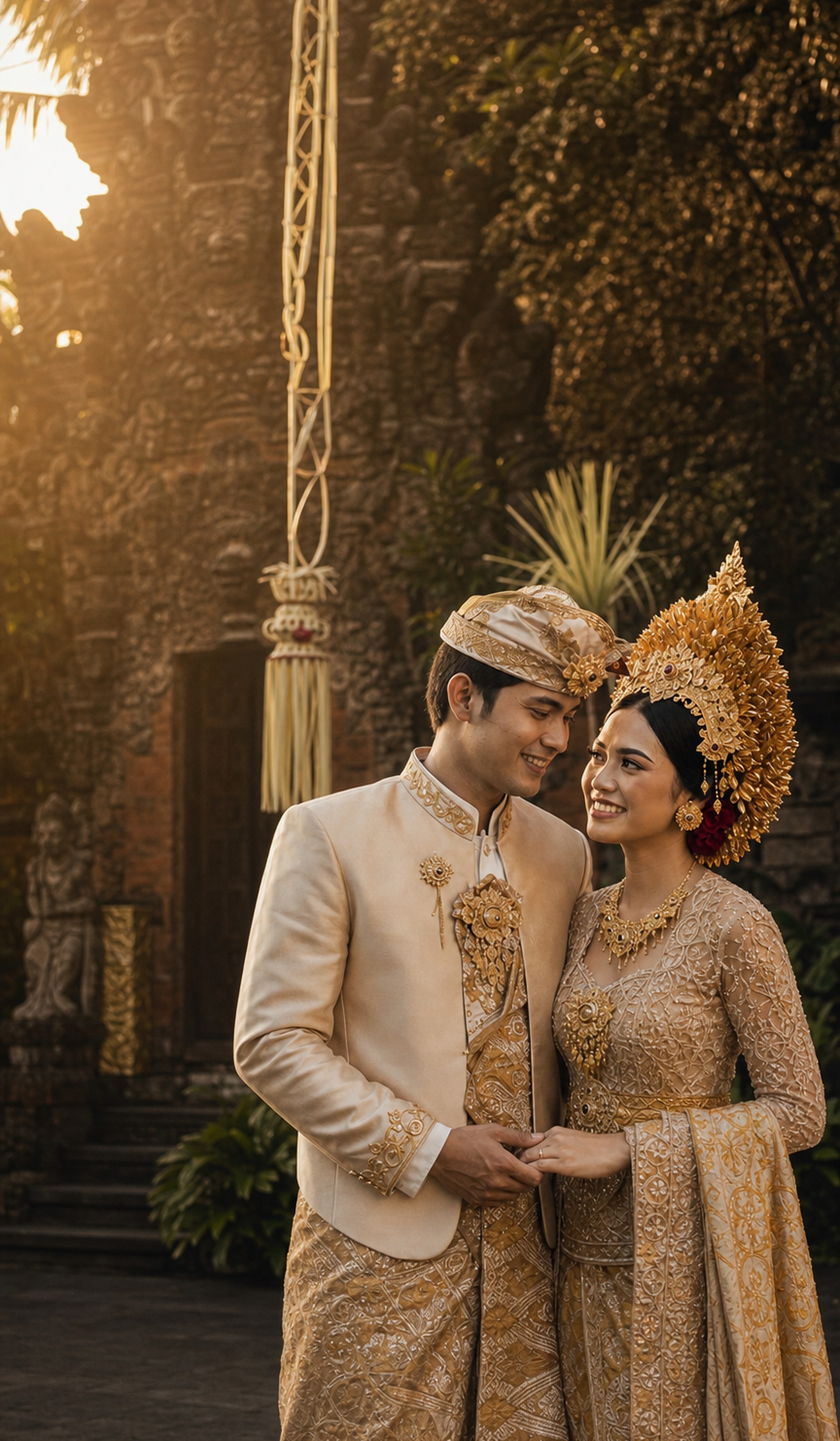 Balinese wedding couple sharing a warm look at golden hour